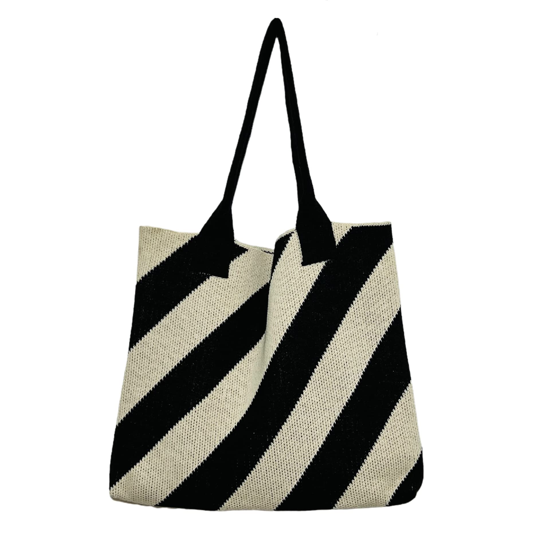 Fairycore Striped Crocheted Tote Bag Aesthetic Knitted Hobo Bag Trendy Big Capacity Shoulder Bag Y2K Accessories (Black and white)