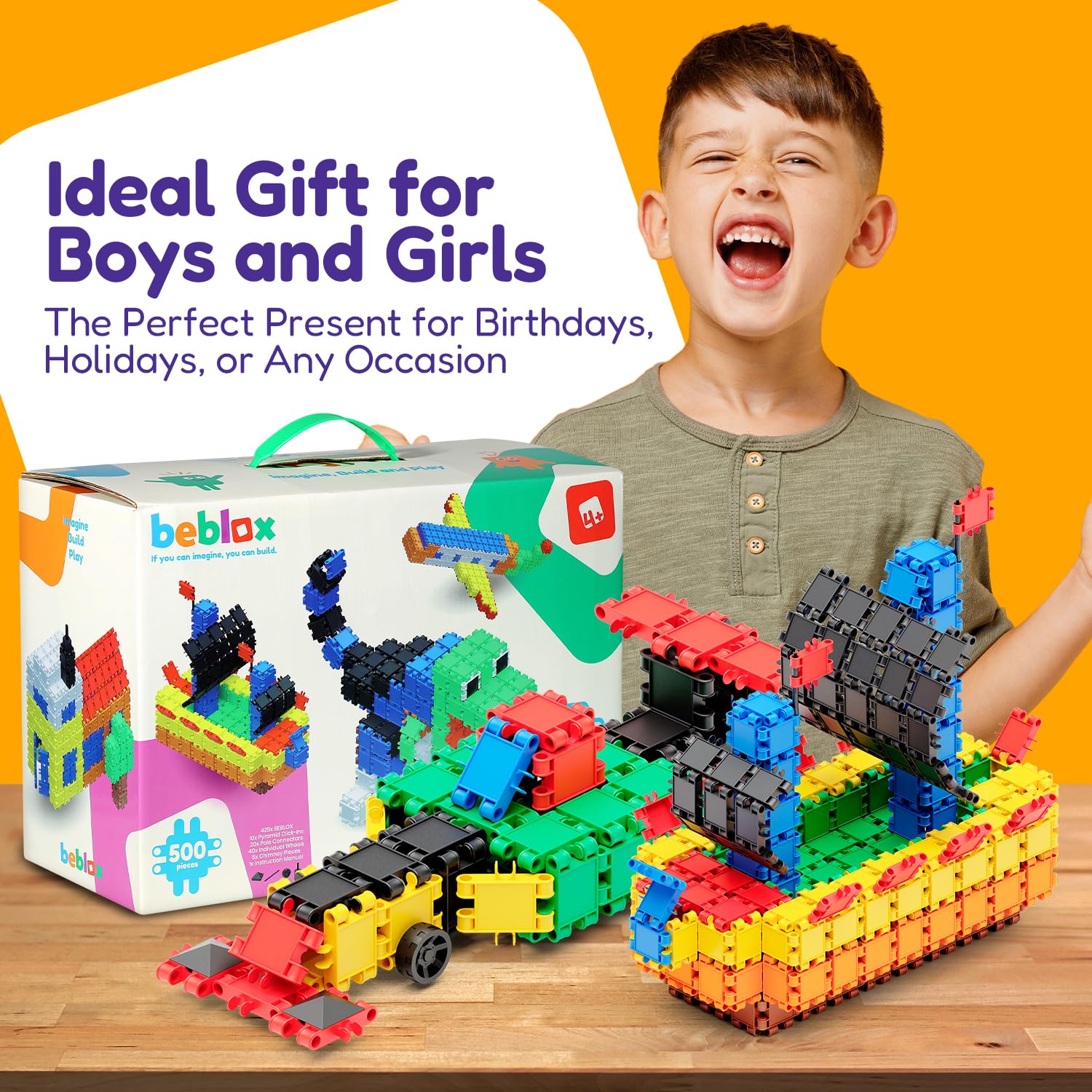 BEBLOX Building Blocks | Building Toys for Kids Ages 4-8 500-piece Set - Learning & Educational Fun Stem Toys - Birthday Gifts for Boys & Girls Age 4 5 6 7 8 9 10 11 & 12 Year Old Toys