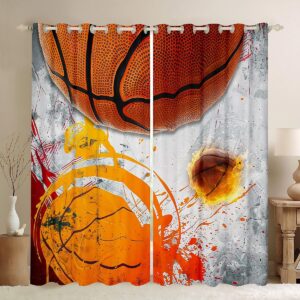 Manfei Kids Basketball Window Curtains Fire Basketball Window Drapes for Boys Teens Room Decor, Sports Gaming Theme Window Treatments Grommet Top 2 Panel Set Bedroom Curtains, 38Wx54L inch