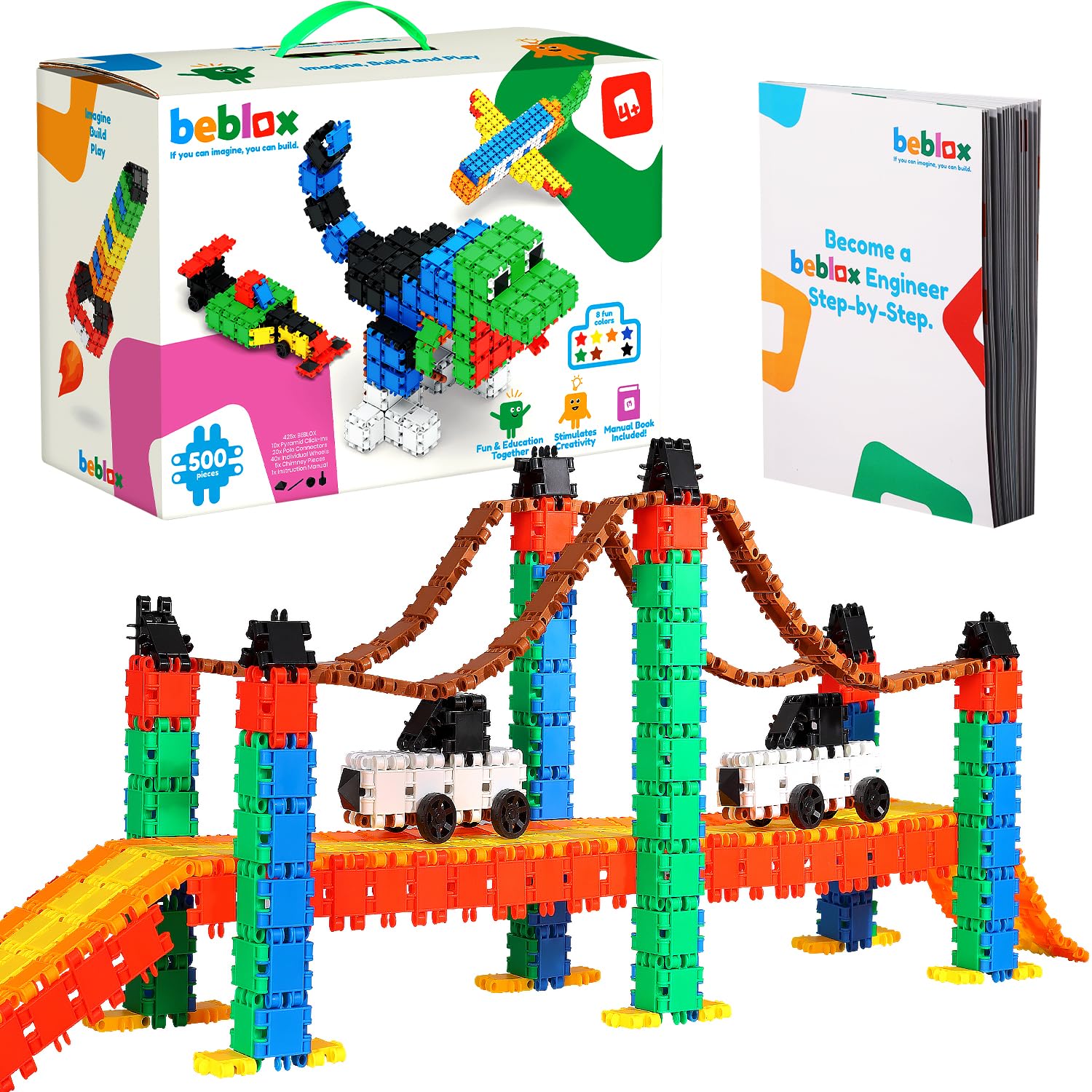 BEBLOX Building Blocks | Building Toys for Kids Ages 4-8 500-piece Set - Learning & Educational Fun Stem Toys - Birthday Gifts for Boys & Girls Age 4 5 6 7 8 9 10 11 & 12 Year Old Toys