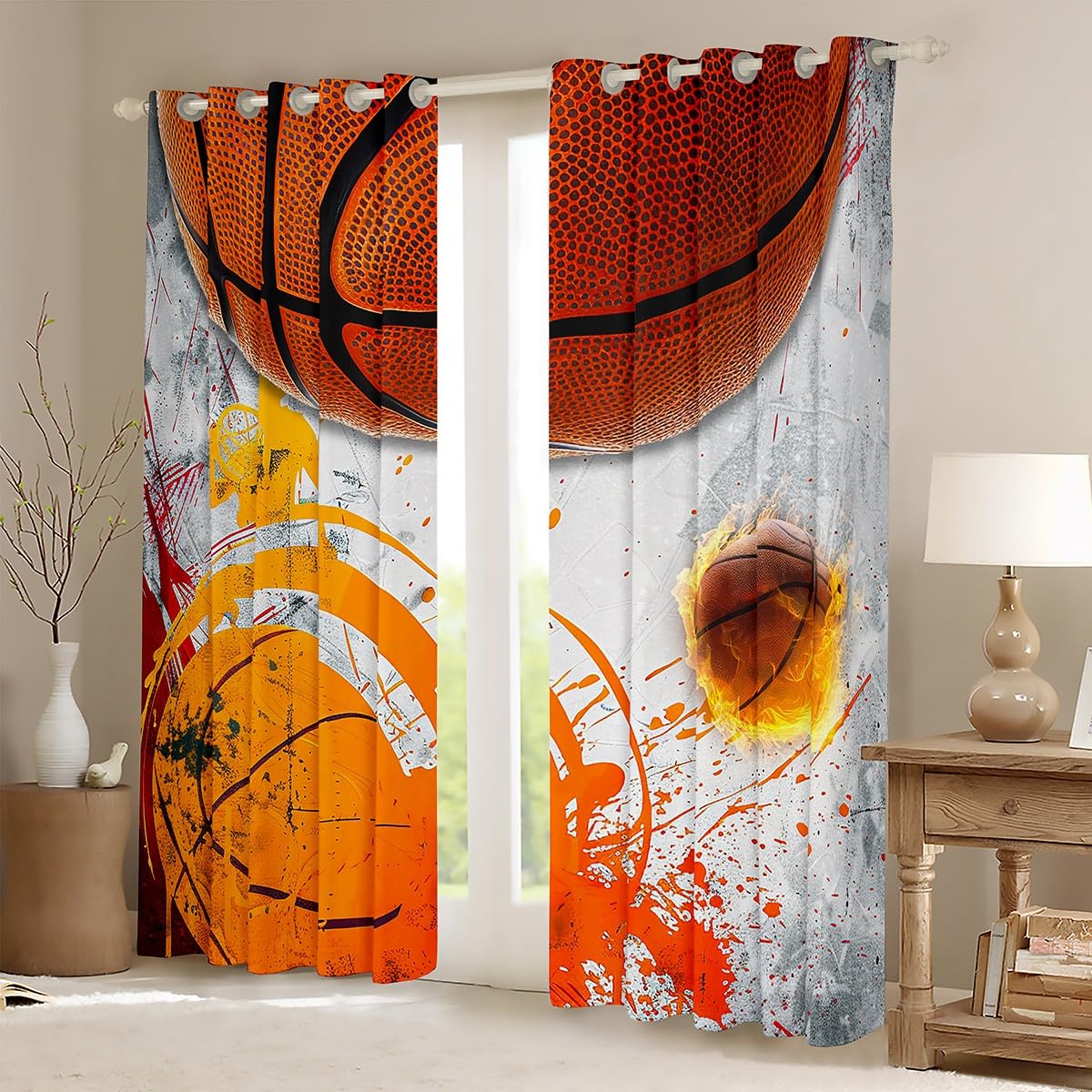 Manfei Kids Basketball Window Curtains Fire Basketball Window Drapes for Boys Teens Room Decor, Sports Gaming Theme Window Treatments Grommet Top 2 Panel Set Bedroom Curtains, 38Wx54L inch