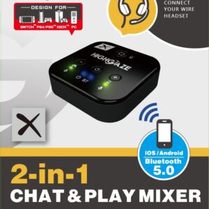 HIGHGAZE Bluetooth Chat & Play Audio Mixer Accessory for Switch Game Streaming with Smartphone & PS4 PS5 or Xbox, Discord, Voice call to Headset with aptX Audio, Adjust Game Volume Balance