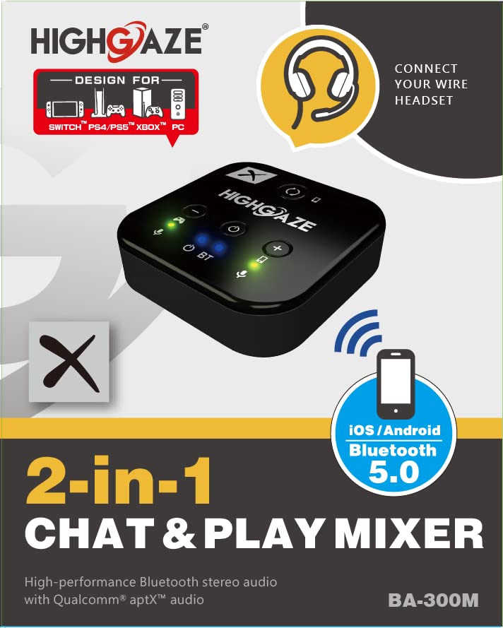 HIGHGAZE Bluetooth Chat & Play Audio Mixer Accessory for Switch Game Streaming with Smartphone & PS4 PS5 or Xbox, Discord, Voice call to Headset with aptX Audio, Adjust Game Volume Balance