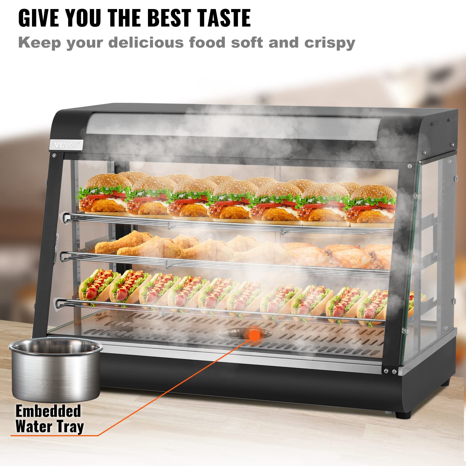 VEVOR Commercial Food Warmer Display, 3 Tiers, 1800W Pizza Warmer w/ 3D Heating 3-Color Lighting Bottom Fan, Countertop Pastry Warmer w/Temp Knob Display 0.6L Water Tray, Stainless Frame Glass Doors…