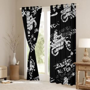 Motorcycle Silhouettes Kids Window Curtains,Extreme Sport Game Window Drapes for Girls Boys Adults,Racing Car Flag Fashion Black Grey Retro ​Window Treatments Grommet Top 2 Panel Set,52Wx90L inch