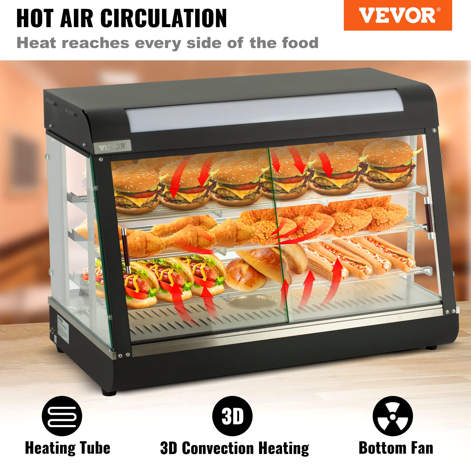 VEVOR Commercial Food Warmer Display, 3 Tiers, 1800W Pizza Warmer w/ 3D Heating 3-Color Lighting Bottom Fan, Countertop Pastry Warmer w/Temp Knob Display 0.6L Water Tray, Stainless Frame Glass Doors…