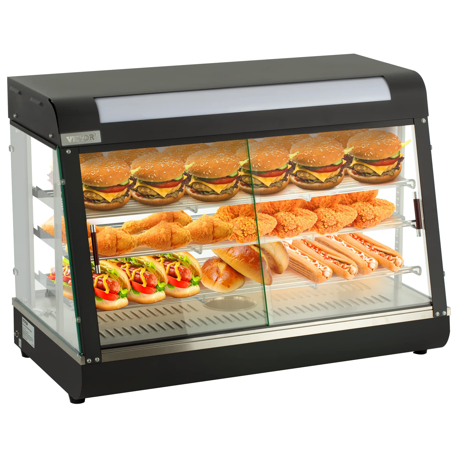 VEVOR Commercial Food Warmer Display, 3 Tiers, 1800W Pizza Warmer w/ 3D Heating 3-Color Lighting Bottom Fan, Countertop Pastry Warmer w/Temp Knob Display 0.6L Water Tray, Stainless Frame Glass Doors…