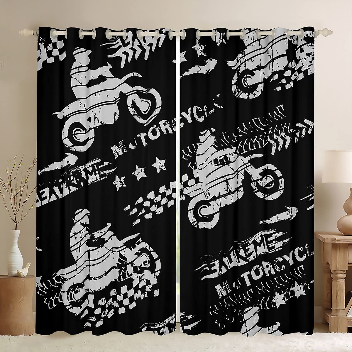 Motorcycle Silhouettes Kids Window Curtains,Extreme Sport Game Window Drapes for Girls Boys Adults,Racing Car Flag Fashion Black Grey Retro ​Window Treatments Grommet Top 2 Panel Set,52Wx90L inch