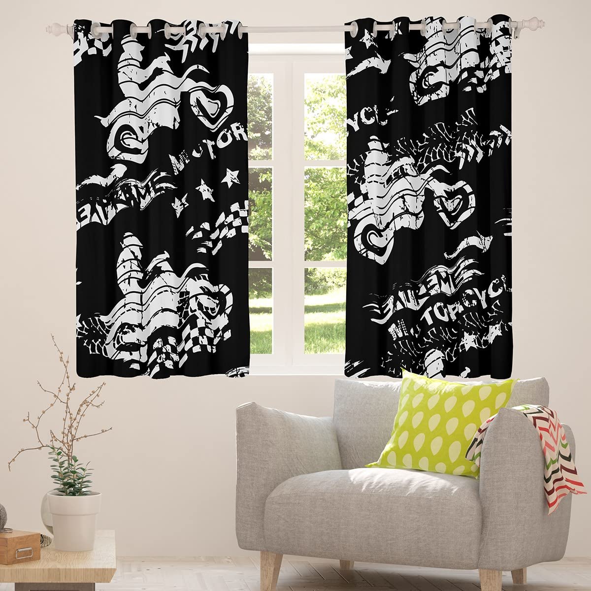 Motorcycle Silhouettes Kids Window Curtains,Extreme Sport Game Window Drapes for Girls Boys Adults,Racing Car Flag Fashion Black Grey Retro ​Window Treatments Grommet Top 2 Panel Set,52Wx90L inch