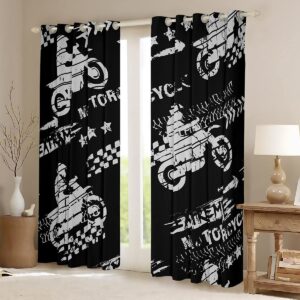 Motorcycle Silhouettes Kids Window Curtains,Extreme Sport Game Window Drapes for Girls Boys Adults,Racing Car Flag Fashion Black Grey Retro ​Window Treatments Grommet Top 2 Panel Set,52Wx90L inch