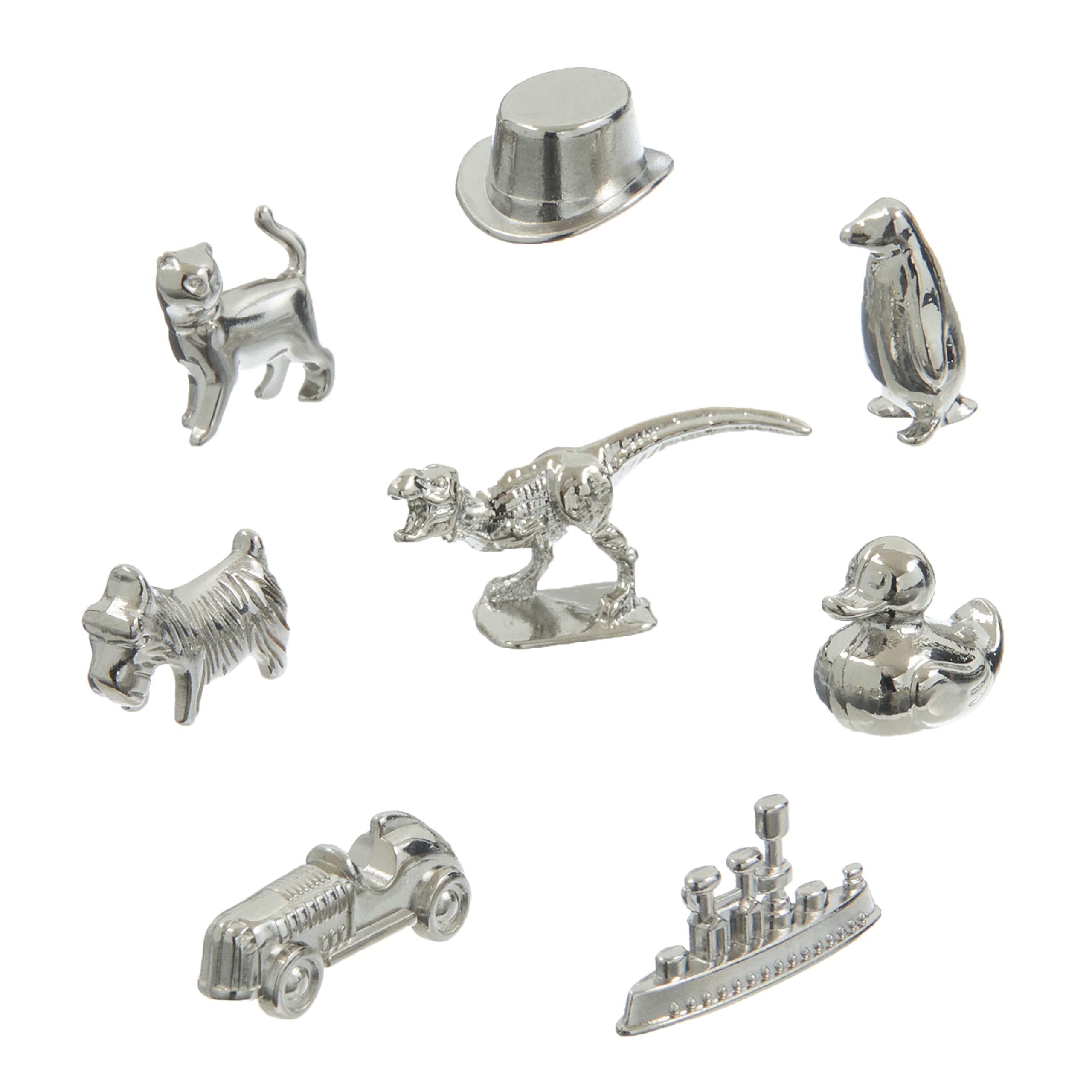 8-Pack Replacement Pawns Compatible with Monopoly - T-Rex, Terrier, Race Car, Top Hat, Battleship, Cat, Duck, Penguin - New Edition Metal Classic Board Game Tokens - Replace Lost or Broken Pieces