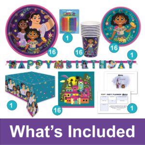 Encanto Themed Happy Birthday Party Supplies for Kids, Serves 16, Decorations and Dinnerware set with Table Cover, Plates, Napkins, Banner, Cups, Candles and Party Planning List