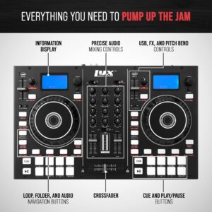 LyxJam 2-Deck Portable DJ Controller, Mixing Console with LCD Display | Manual Looping, USB, MIC Input, Record Output, 16 Performance Pads with Virtual DJ LE Software Included (Download) + DJ Lights