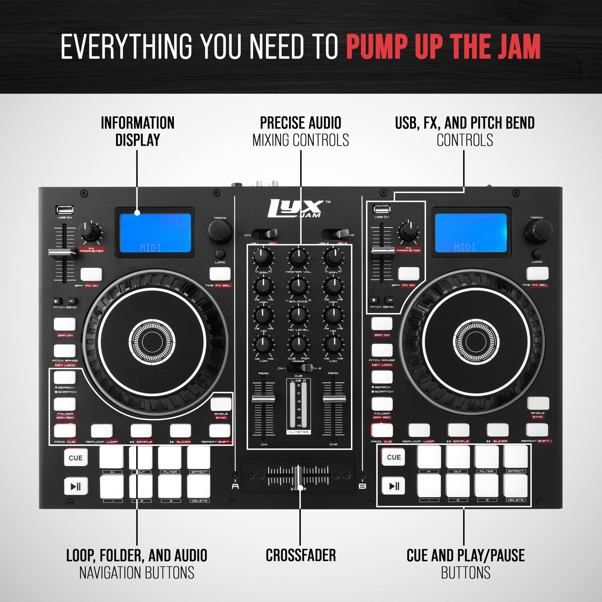 LyxJam 2-Deck Portable DJ Controller, Mixing Console with LCD Display | Manual Looping, USB, MIC Input, Record Output, 16 Performance Pads with Virtual DJ LE Software Included (Download)