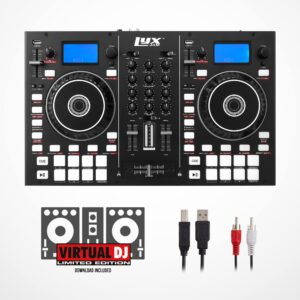 LyxJam 2-Deck Portable DJ Controller, Mixing Console with LCD Display | Manual Looping, USB, MIC Input, Record Output, 16 Performance Pads with Virtual DJ LE Software Included (Download)