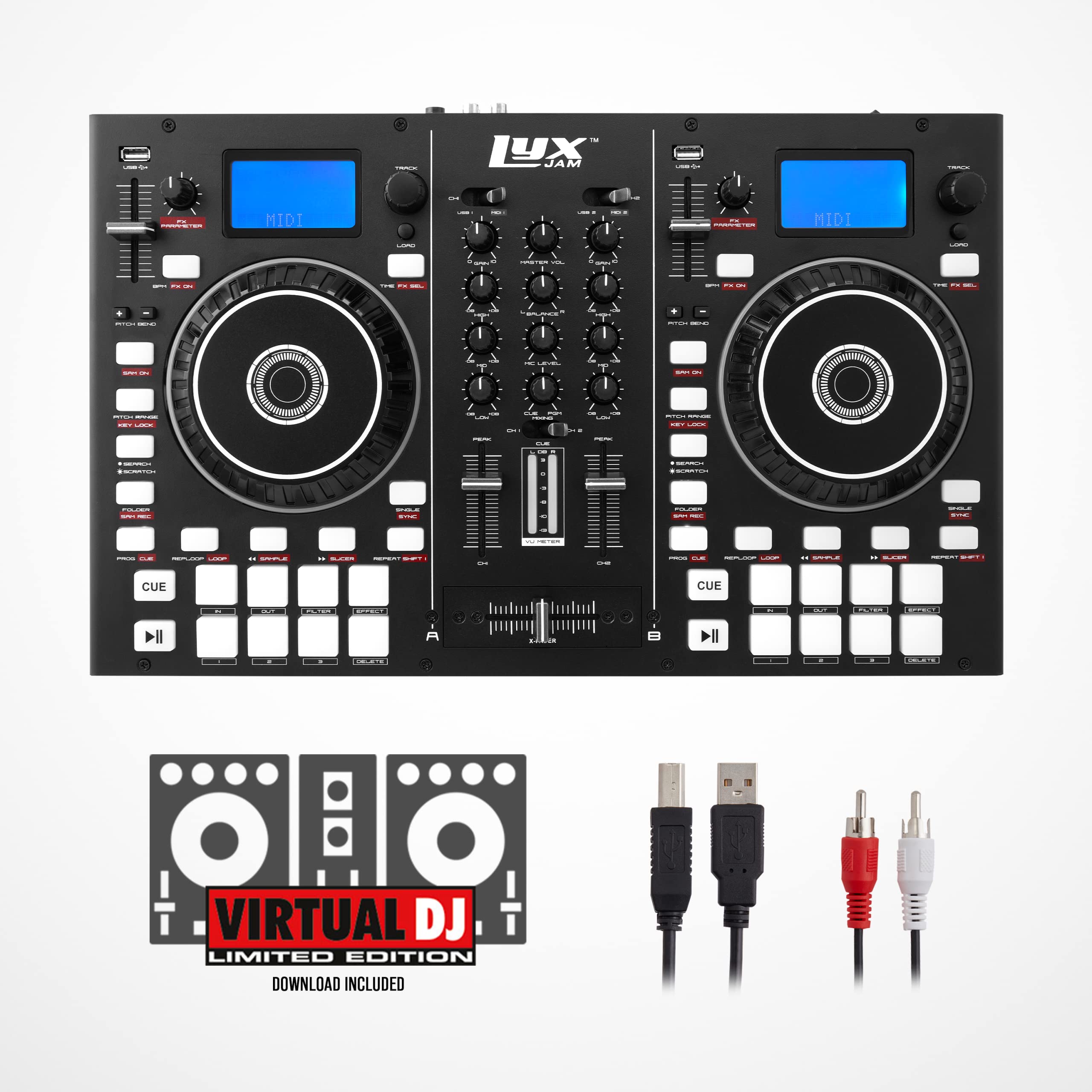 LyxJam 2-Deck Portable DJ Controller, Mixing Console with LCD Display | Manual Looping, USB, MIC Input, Record Output, 16 Performance Pads with Virtual DJ LE Software Included (Download)