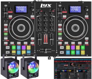 lyxjam 2-deck portable dj controller, mixing console with lcd display | manual looping, usb, mic input, record output, 16 performance pads with virtual dj le software included (download) + dj lights