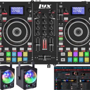 LyxJam 2-Deck Portable DJ Controller, Mixing Console with LCD Display | Manual Looping, USB, MIC Input, Record Output, 16 Performance Pads with Virtual DJ LE Software Included (Download) + DJ Lights