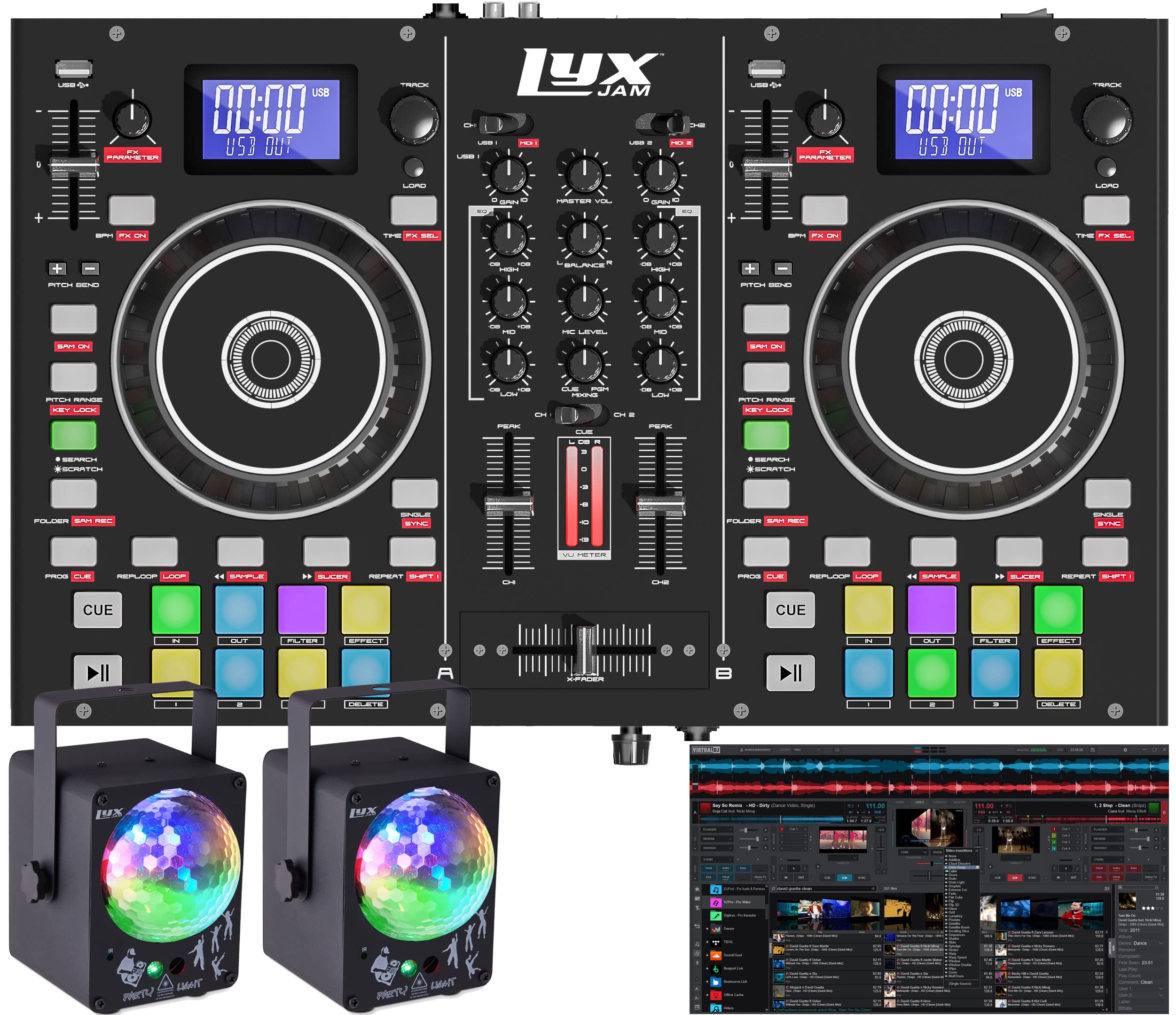 LyxJam 2-Deck Portable DJ Controller, Mixing Console with LCD Display | Manual Looping, USB, MIC Input, Record Output, 16 Performance Pads with Virtual DJ LE Software Included (Download) + DJ Lights