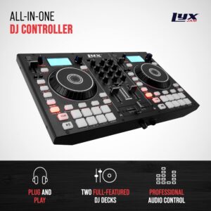 LyxJam 2-Deck Portable DJ Controller, Mixing Console with LCD Display | Manual Looping, USB, MIC Input, Record Output, 16 Performance Pads with Virtual DJ LE Software Included (Download) + DJ Lights