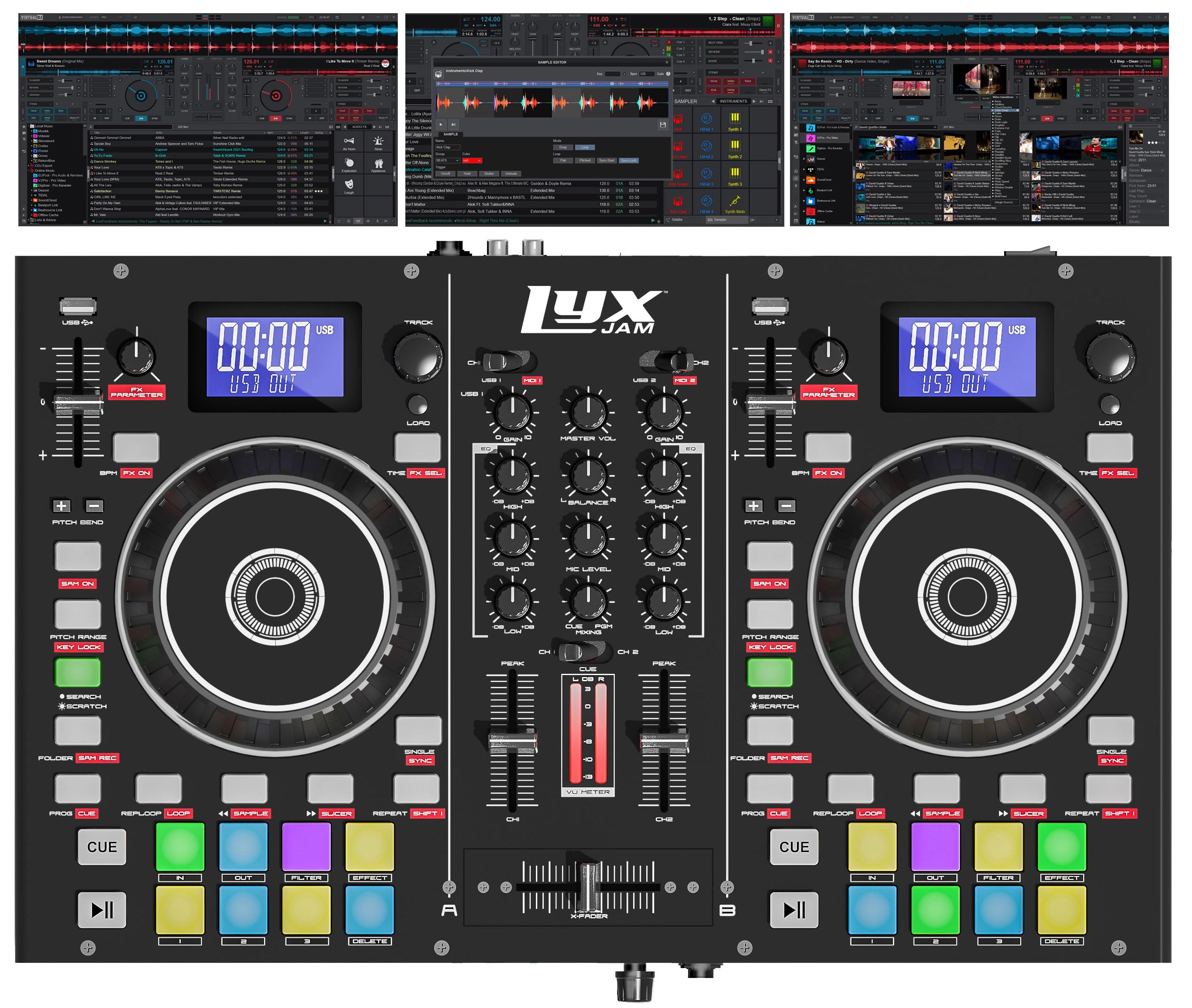 LyxJam 2-Deck Portable DJ Controller, Mixing Console with LCD Display | Manual Looping, USB, MIC Input, Record Output, 16 Performance Pads with Virtual DJ LE Software Included (Download)