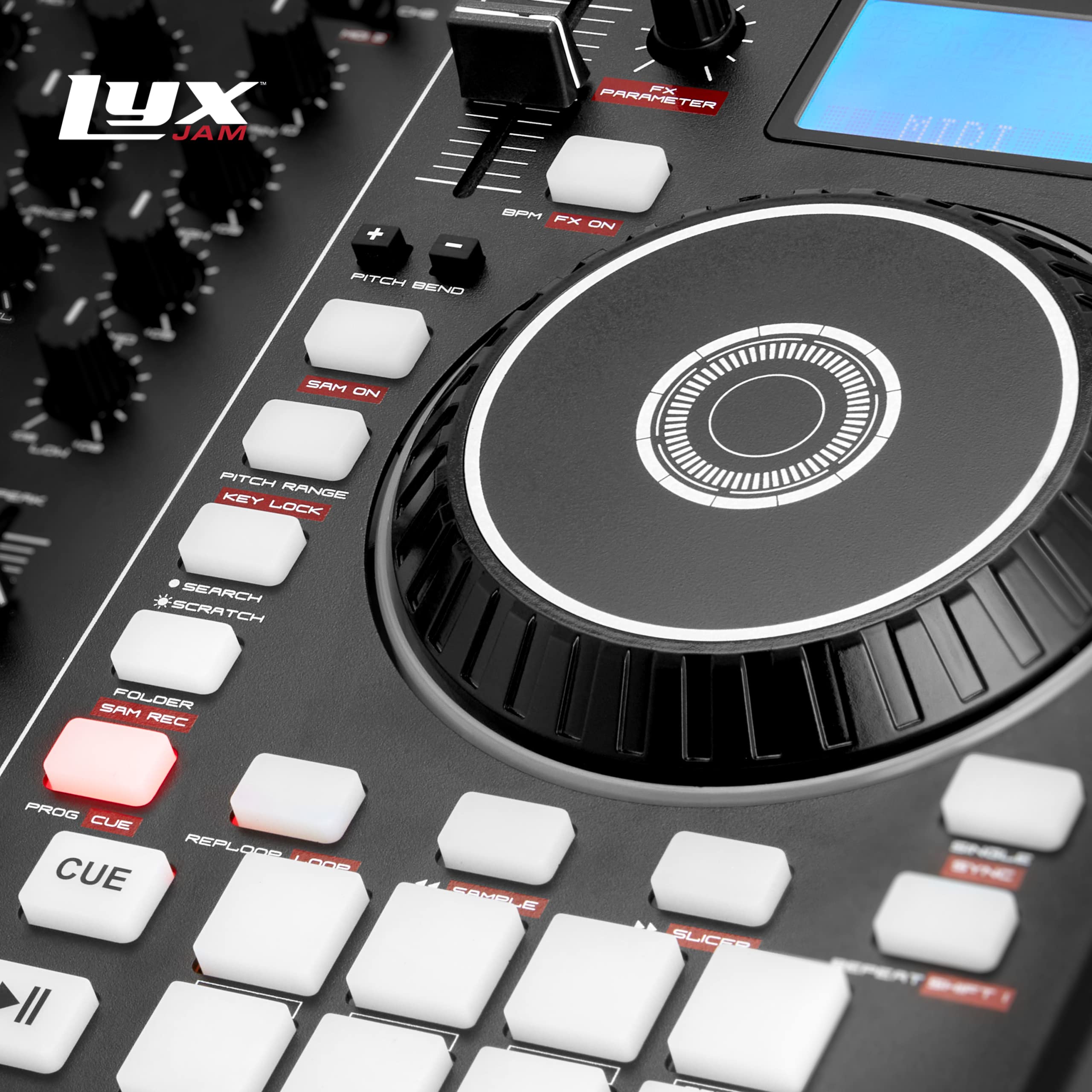 LyxJam 2-Deck Portable DJ Controller, Mixing Console with LCD Display | Manual Looping, USB, MIC Input, Record Output, 16 Performance Pads with Virtual DJ LE Software Included (Download)