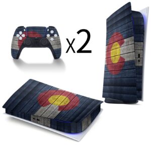 Colorado Flag Pattern on Wooden Full Protective Skin Cover Design Wrap Decal Sticker Compatible with PS5 Digital Edition Console and Controller