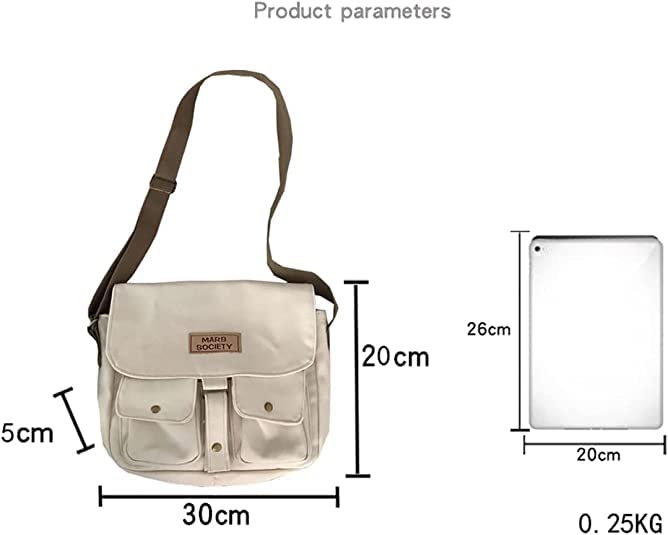 Pbkabiug Women's Canvas Bag Harajuku Messenger Bag Shoulder Bags Vintage Canvas Bag Multiple Pockets Crossbody Bag (White)