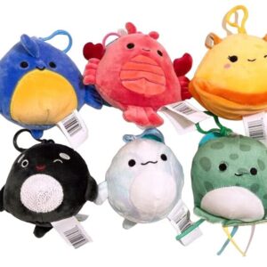 Squishmallows Kellytoy 3.5" Assorted Squad Clip On Keychain Mini Plush Doll (Set 6 Whale Sealife Squad)