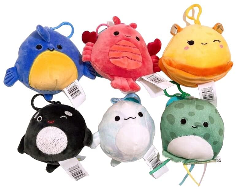 Squishmallows Kellytoy 3.5" Assorted Squad Clip On Keychain Mini Plush Doll (Set 6 Whale Sealife Squad)