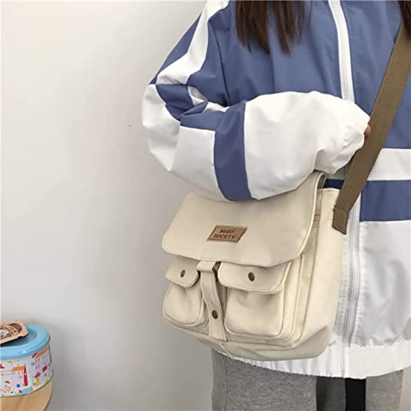 Pbkabiug Women's Canvas Bag Harajuku Messenger Bag Shoulder Bags Vintage Canvas Bag Multiple Pockets Crossbody Bag (White)