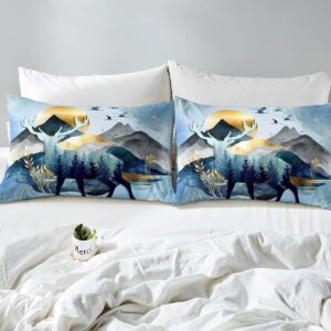 Hunt Deer Fitted Sheet Full Size Modern Abstract Mountain Sunset Scenery Deep Pocket Sheet Kids Teens Boys Pine Tree Jungle Animals Bedding Set Men Women Golden Luxury Bed Sheet,Blue 3pcs