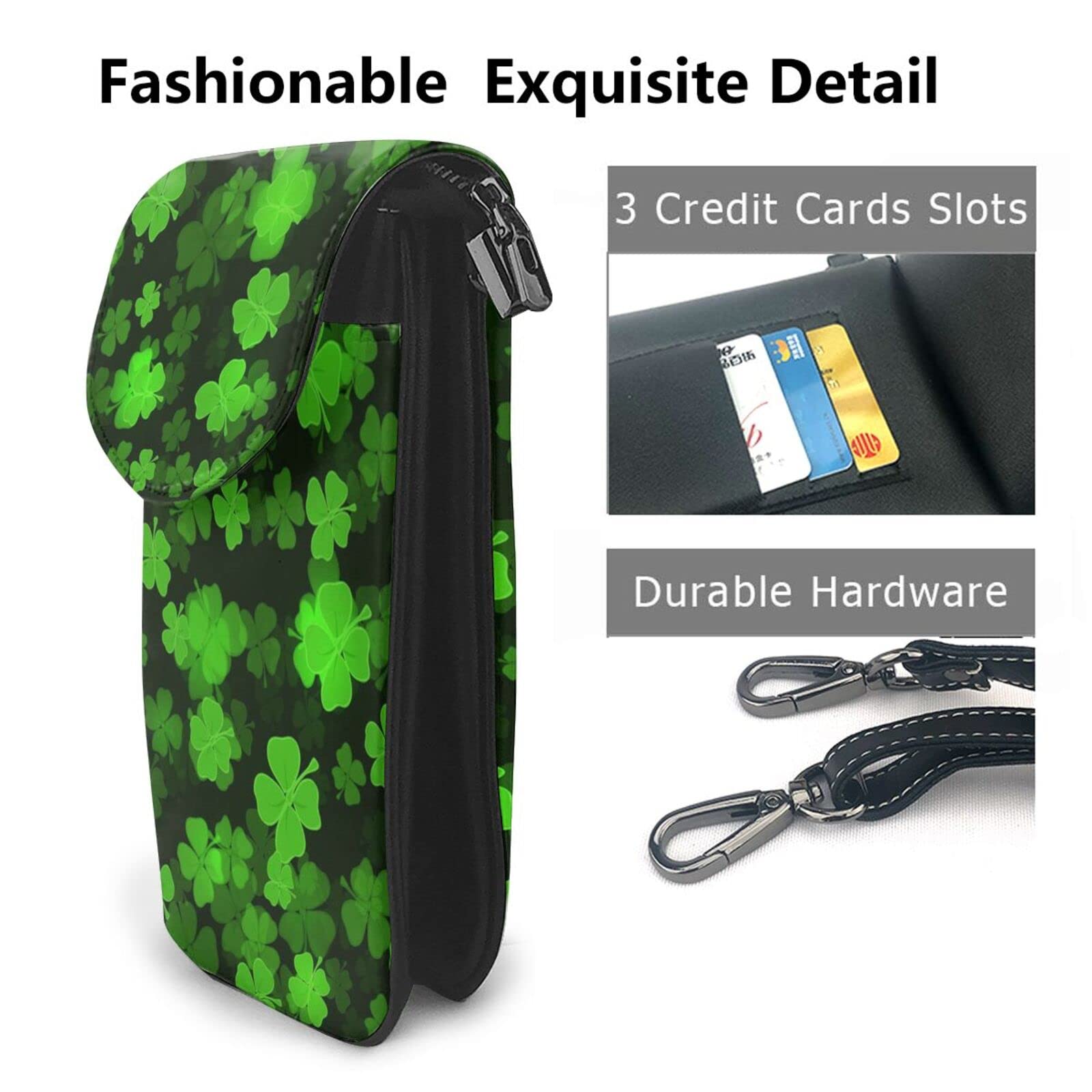 Women's Cell Phone Pouch Small Leather Crossbody Bags St Patricks Day Green Shamrock Clover Leaf Grass Black Printed Wallet Purses with Adjustable Strap Mini Shoulder Bag Card Holder Wallet