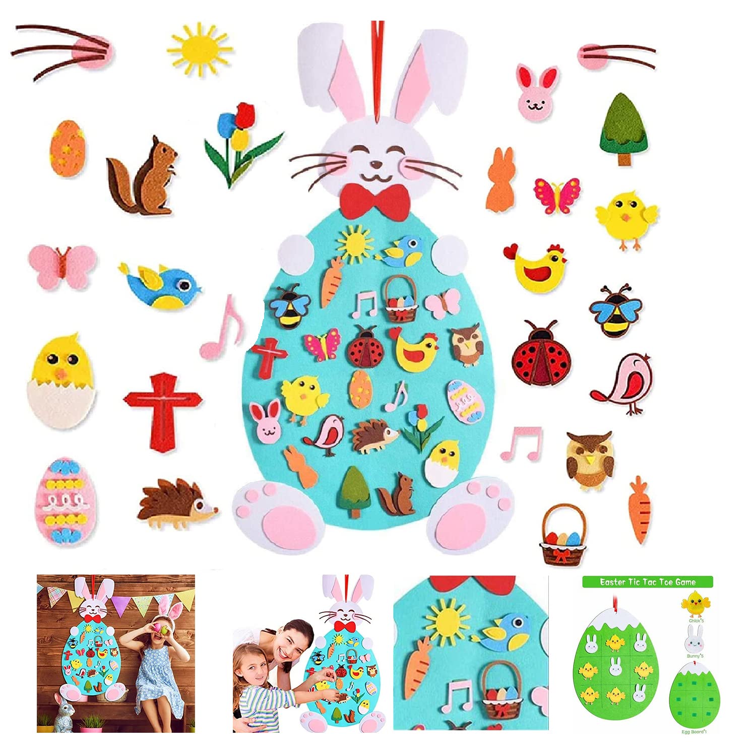 DIY Easter Bunny, Kids Arts and Craft Kit, Easter Felt Board Crafts Bunny Ornaments Art Kits with Detachable Puzzle Ornament Easter Eggs Bunnies, Easter Wall Hanging Games for Kids Gifts (Pink)