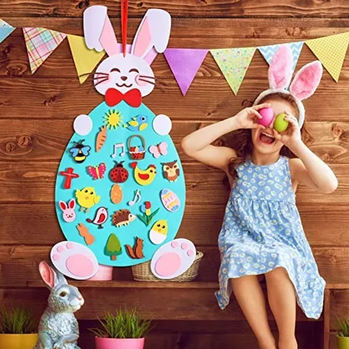 DIY Easter Bunny, Kids Arts and Craft Kit, Easter Felt Board Crafts Bunny Ornaments Art Kits with Detachable Puzzle Ornament Easter Eggs Bunnies, Easter Wall Hanging Games for Kids Gifts (Pink)