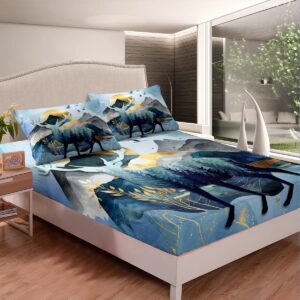 Hunt Deer Fitted Sheet Full Size Modern Abstract Mountain Sunset Scenery Deep Pocket Sheet Kids Teens Boys Pine Tree Jungle Animals Bedding Set Men Women Golden Luxury Bed Sheet,Blue 3pcs