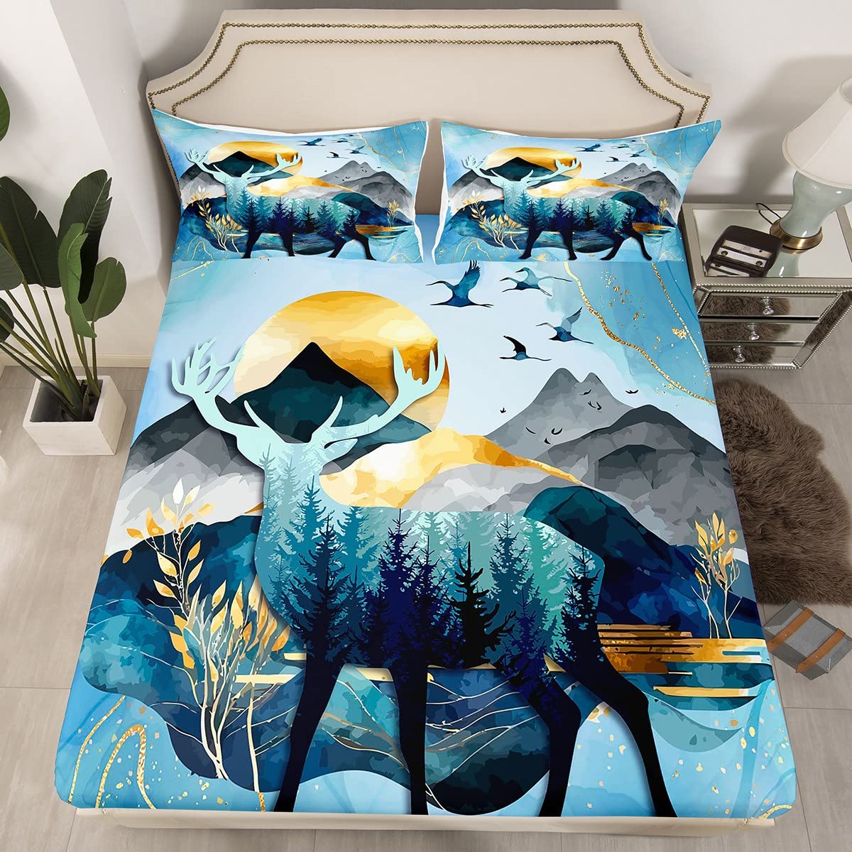 Hunt Deer Fitted Sheet Full Size Modern Abstract Mountain Sunset Scenery Deep Pocket Sheet Kids Teens Boys Pine Tree Jungle Animals Bedding Set Men Women Golden Luxury Bed Sheet,Blue 3pcs