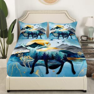 Hunt Deer Fitted Sheet Full Size Modern Abstract Mountain Sunset Scenery Deep Pocket Sheet Kids Teens Boys Pine Tree Jungle Animals Bedding Set Men Women Golden Luxury Bed Sheet,Blue 3pcs