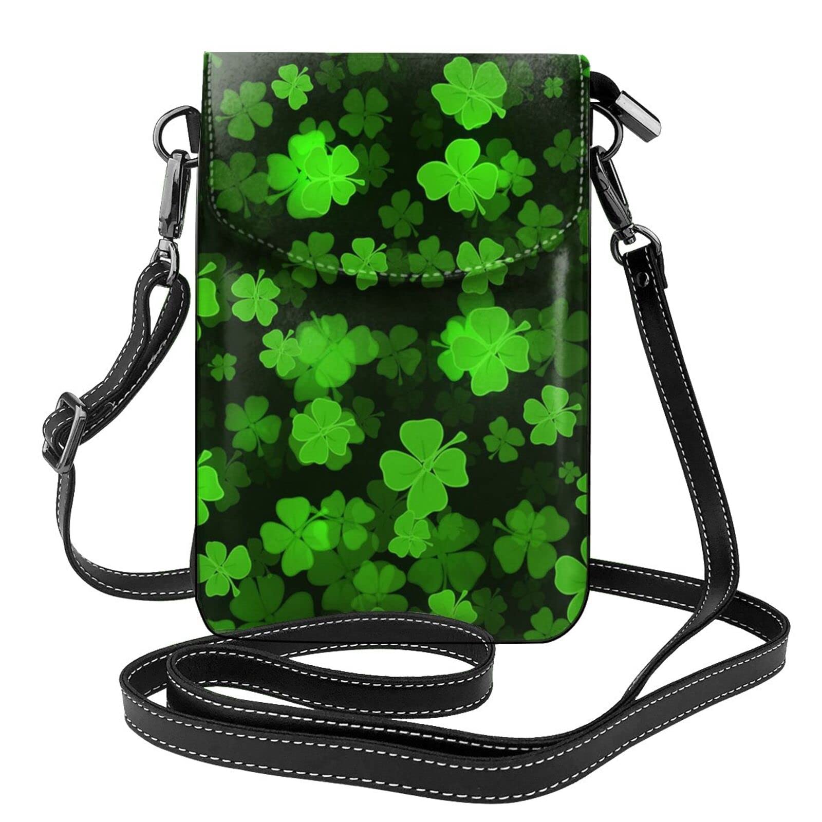 Women's Cell Phone Pouch Small Leather Crossbody Bags St Patricks Day Green Shamrock Clover Leaf Grass Black Printed Wallet Purses with Adjustable Strap Mini Shoulder Bag Card Holder Wallet