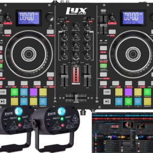 LyxJam 2-Deck Portable DJ Controller, Mixing Console with LCD Display, Manual Looping, USB, MIC Input, Record Output, 16 Performance Pads with Virtual DJ LE Software Included (Download) + Party Lights