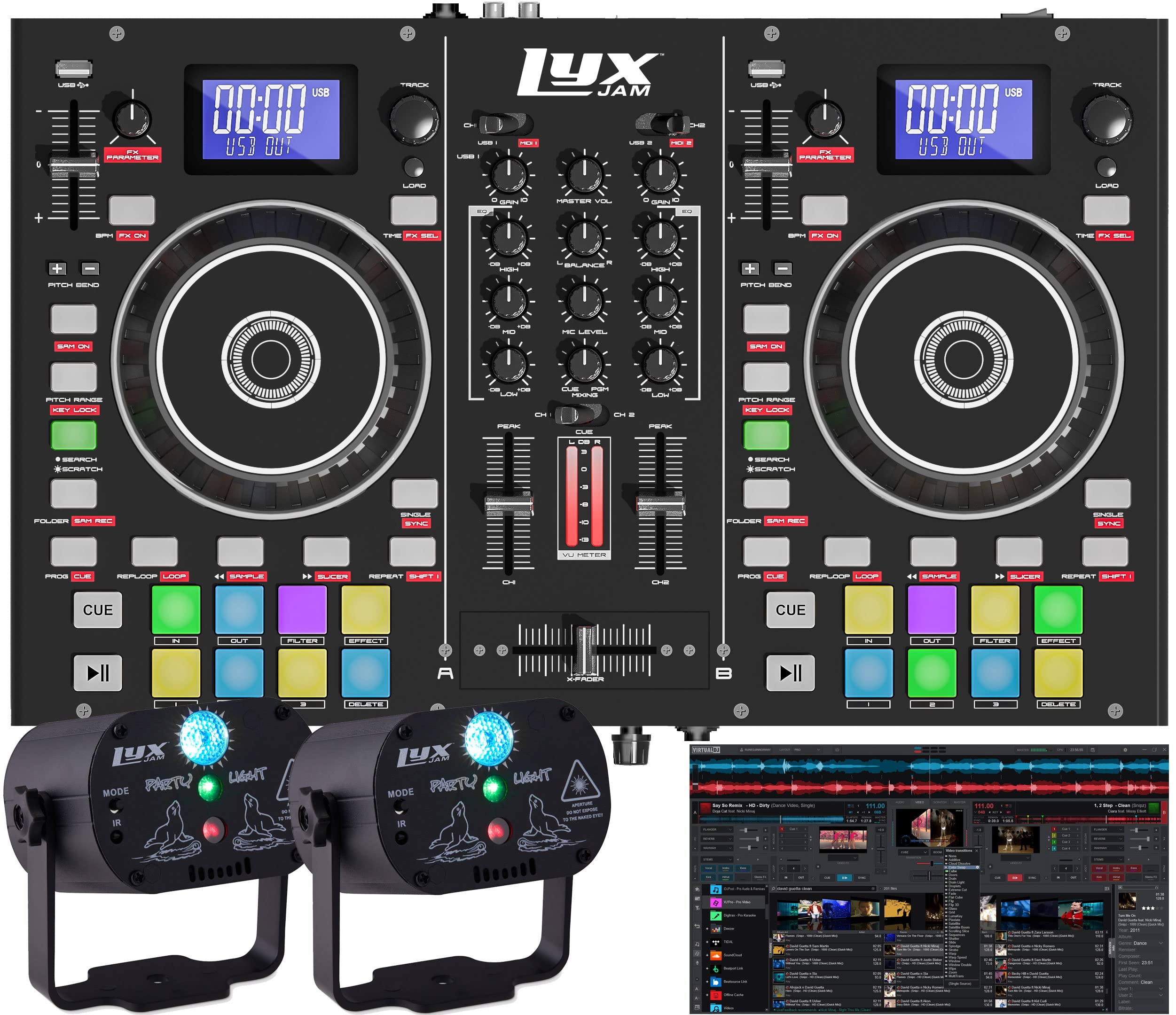 LyxJam 2-Deck Portable DJ Controller, Mixing Console with LCD Display, Manual Looping, USB, MIC Input, Record Output, 16 Performance Pads with Virtual DJ LE Software Included (Download) + Party Lights