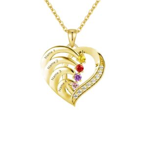 MOLICACI 10K/14K/18K Solid Gold Personalized Name Heart Necklace With 4 Birthstone, Real Gold Customized Mom Names Pendant Necklace Gold Mothers Necklace for mom, wife, Grandma