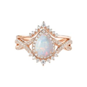 ydd 14k rose gold 1.5ct pear shaped opal engagement rings for women opal & moissanite bridal set vintage halo infinity ring set 2pcs inspired v shaped wedding band anniversary free engraved