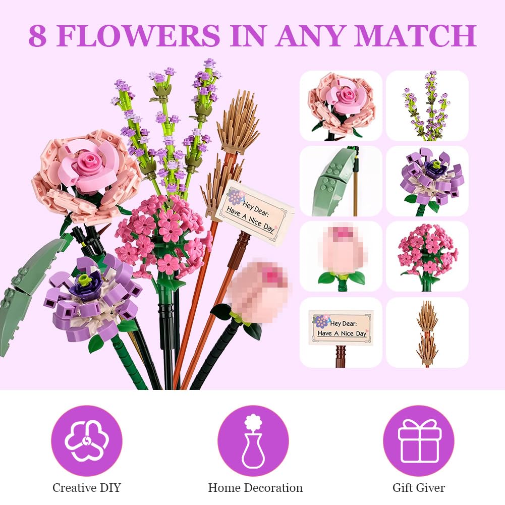 OSDUE Mini Bricks Flower Bouquet Building Sets, Artificial Flowers, DIY Unique Decoration Home, 547 Pieces Botanical Collection for Couples Women Wife for Valentine's Day