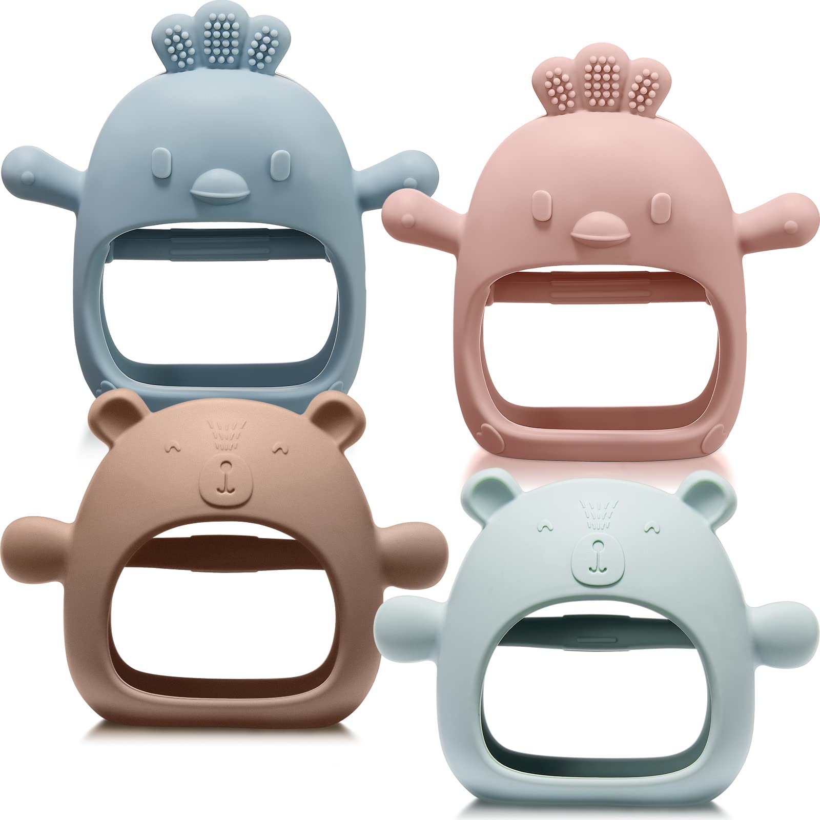 Woanger 4 Pcs Baby Teething Toys Bear Hand Teethers for Babies Silicone Chick Teething Toys for Babies Over 6 Months Anti Dropping Wrist Mitten for Sucking Needs (Blue, Green, Pink, Brown)