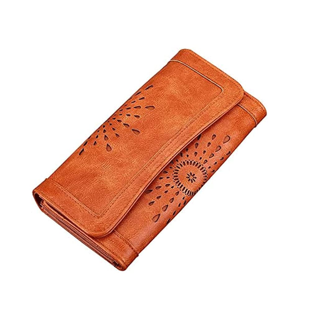 LIOONS Wallet Vintage Pu Leather Wallet Women's Large Capacity Card Holder Portable Practical Long Coins Pocket Hollow Durable Tear-Resistant