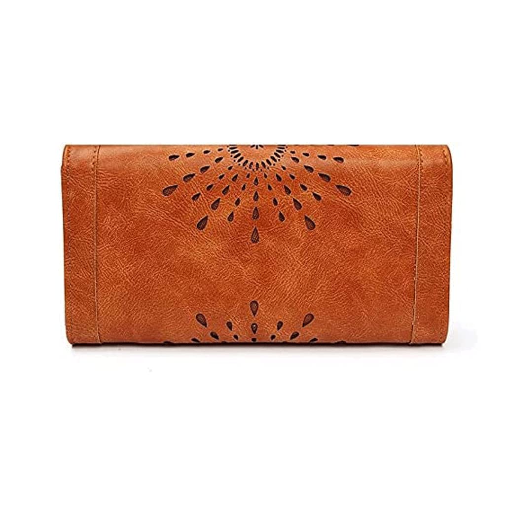 LIOONS Wallet Vintage Pu Leather Wallet Women's Large Capacity Card Holder Portable Practical Long Coins Pocket Hollow Durable Tear-Resistant