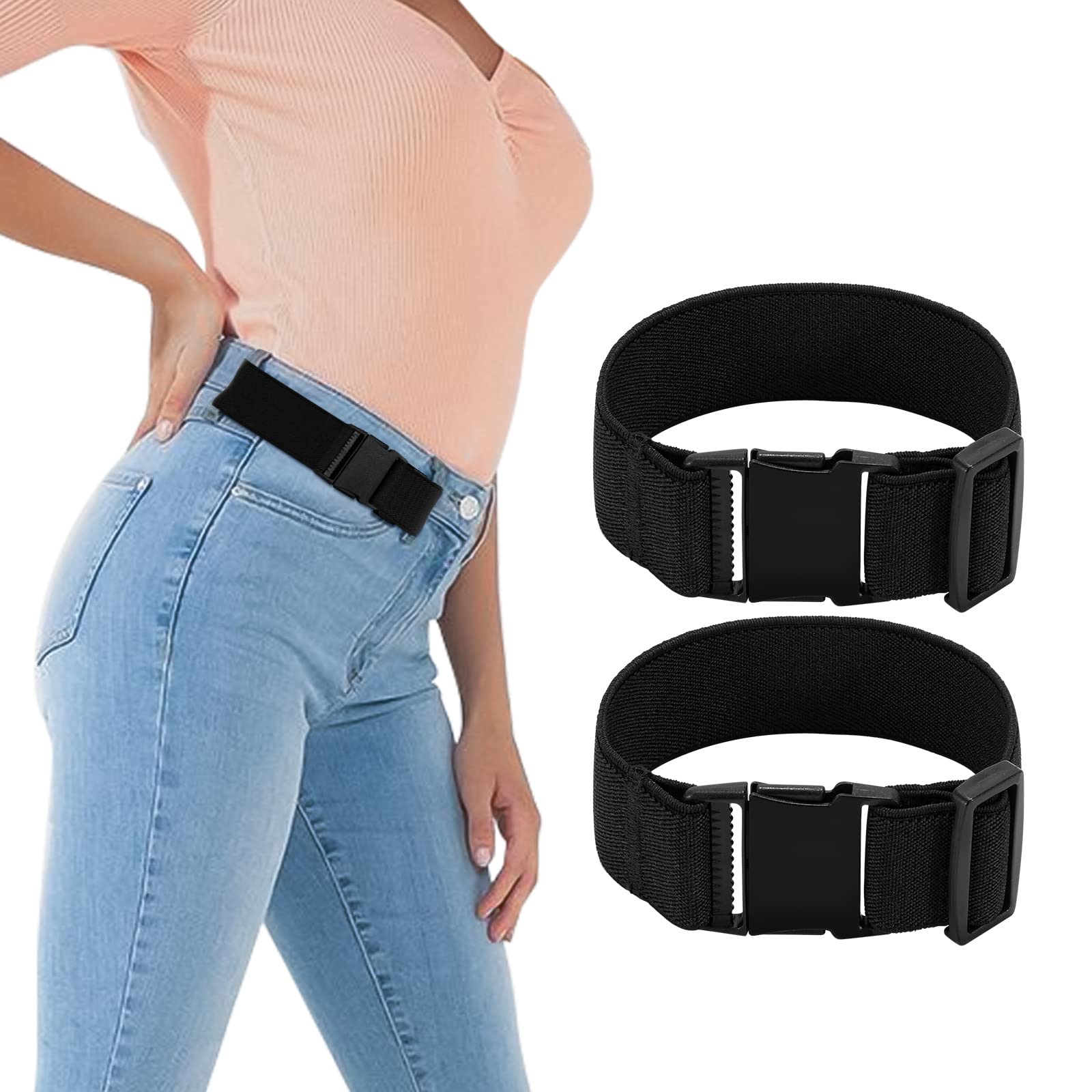 JASGOOD Women Black No Buckle Elastic Belts for Jeans-2 Pack Invisible Pants Adjuster with Flat Buckle Fit 1.5 inch Belt Loop(M, Suit 2 Loop Distance 3"-6")