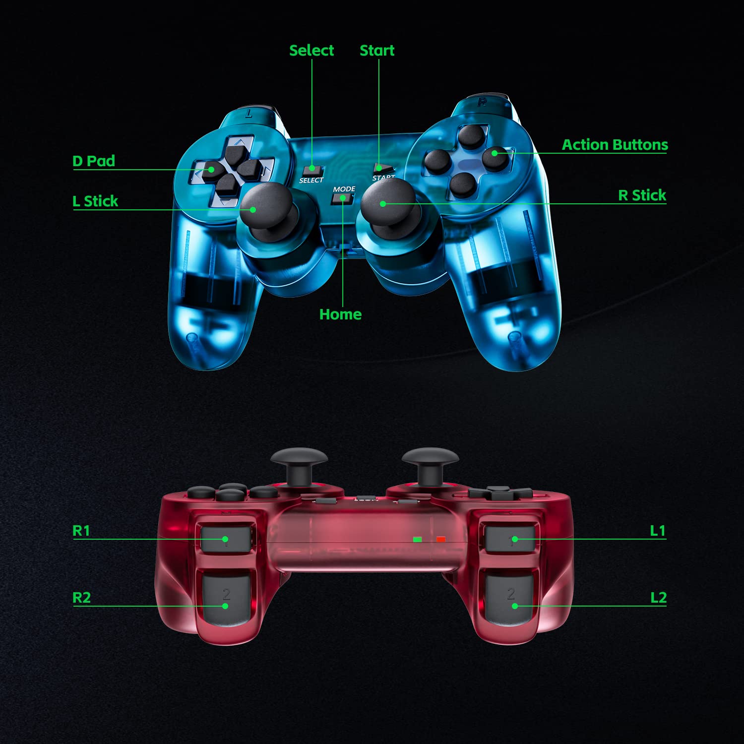 Burcica Wireless Controller for PS2 Play 2 Dual Vibration - ClearRed and ClearPurple