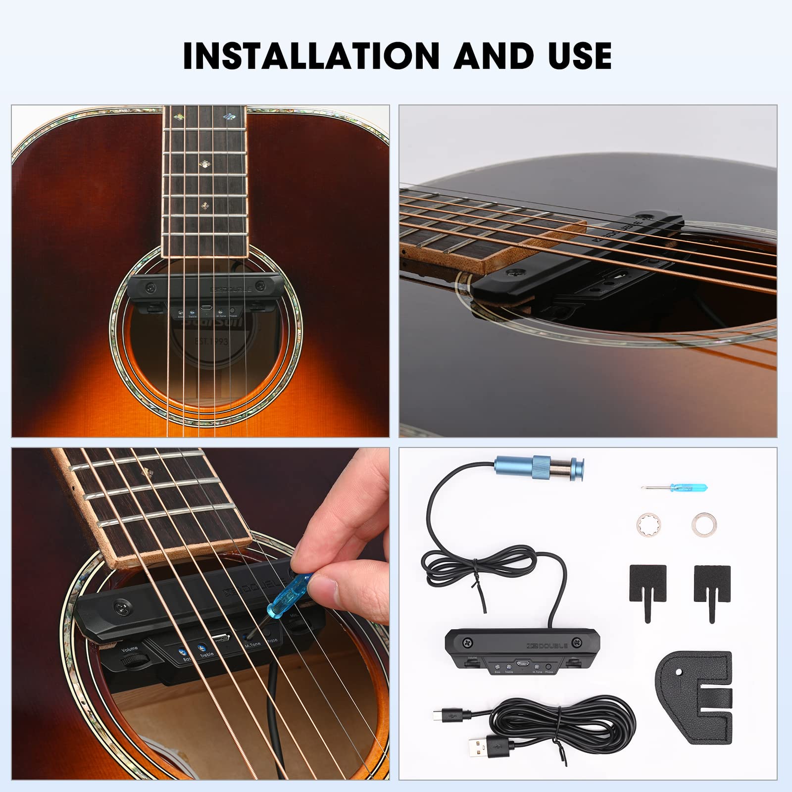 Acoustic Guitar Pickup Rechargable Active Soundhole Guitar Pickup Adjustable Pickup for Guitar Magnetic Coil Build-in Volume Control Guitar Microphone Acoustic Pickup